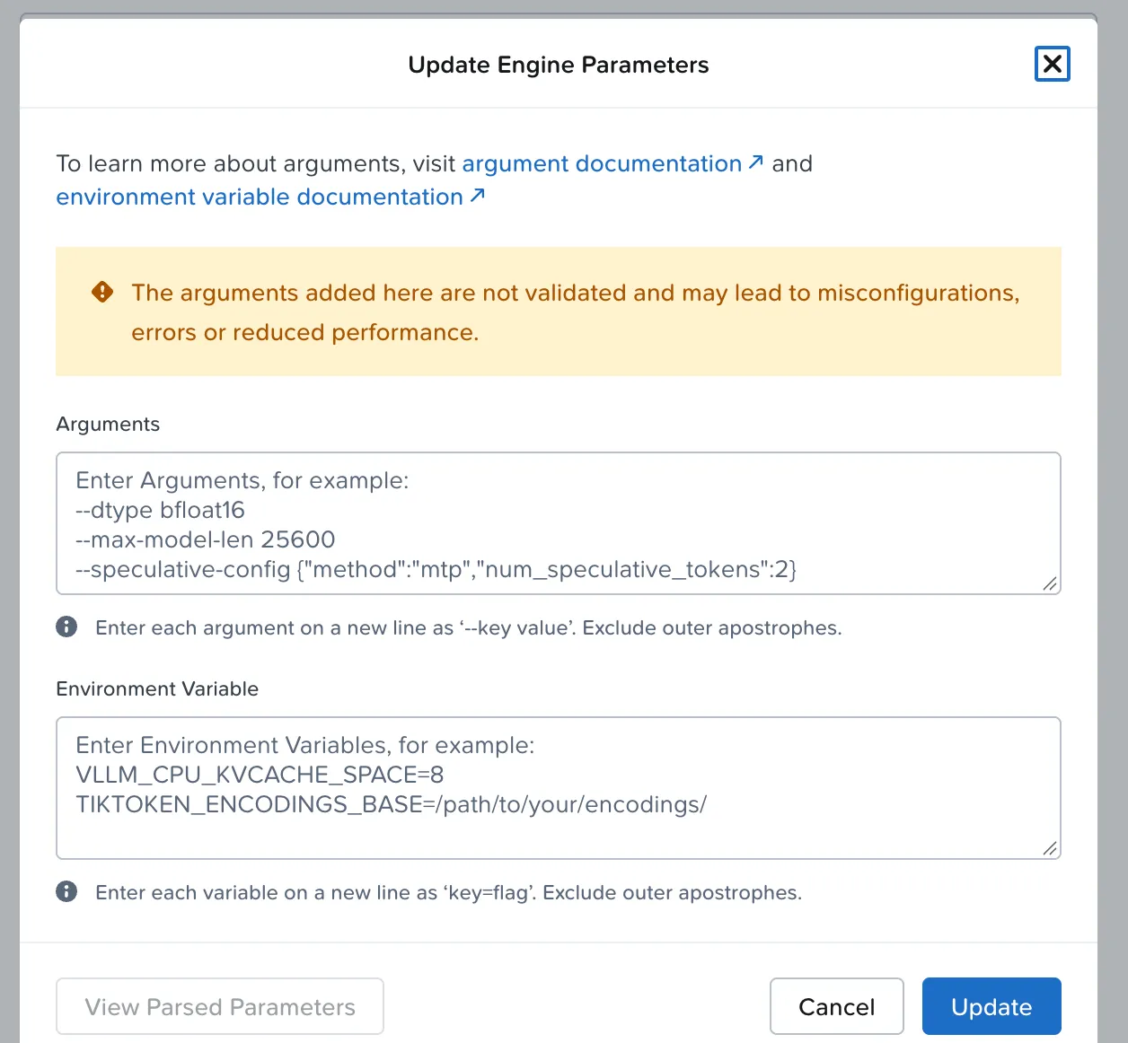 Update Engine Parameters dialog: vLLM arguments and environment variables, with --dtype bfloat16 as placeholder