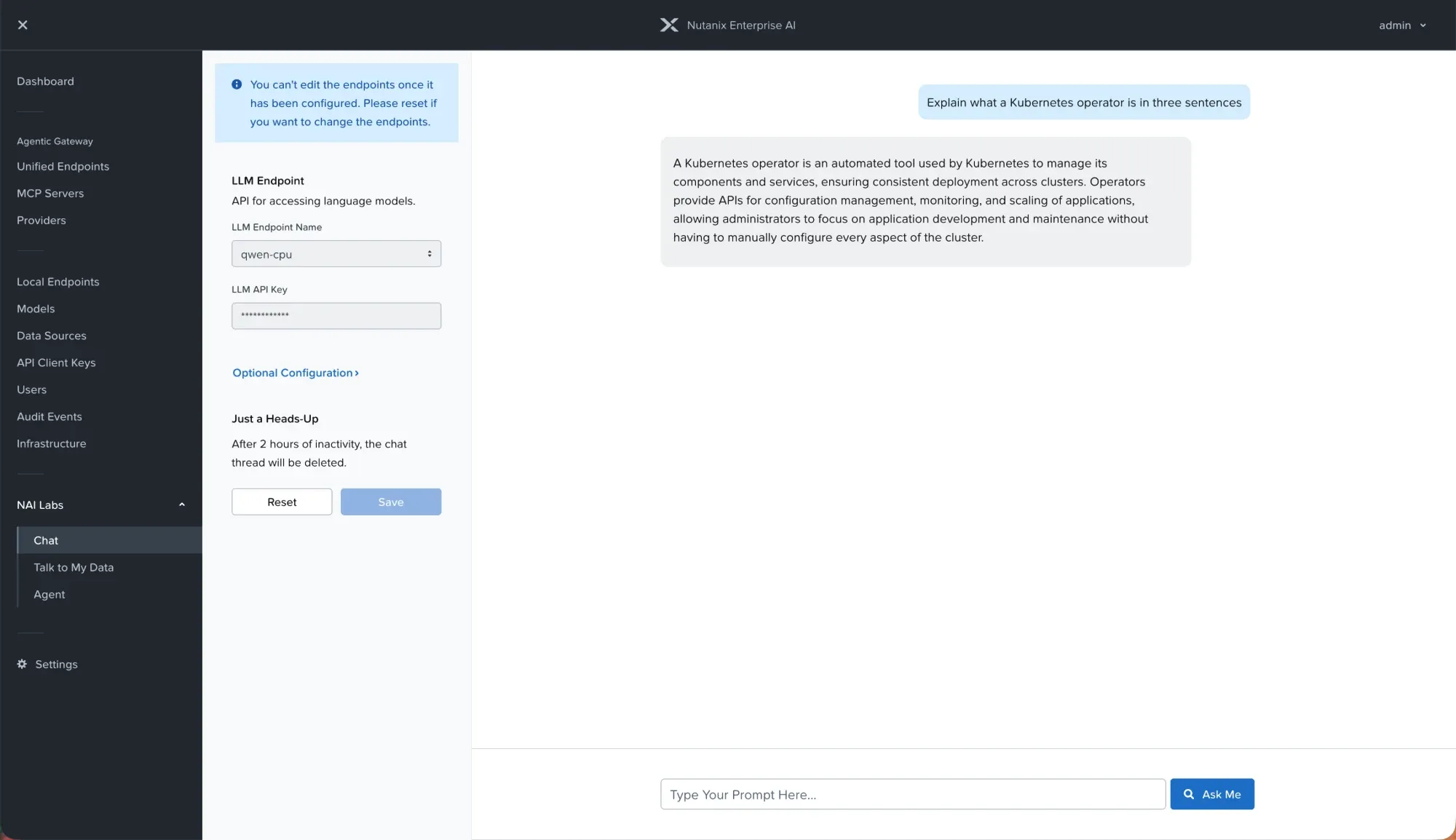 NAI Labs Chat: Qwen2.5-0.5B answering a question about Kubernetes operators in three sentences